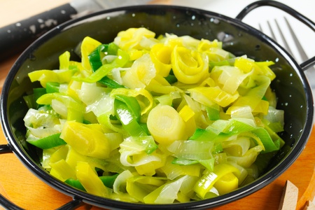Chopped leeks in a saute panの写真素材