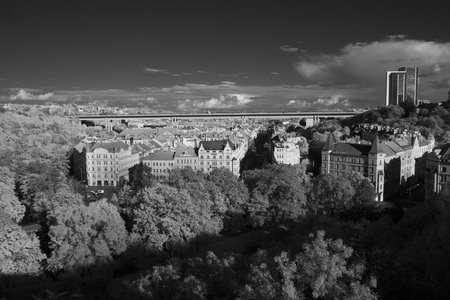 Infrared view of Nusle residential area with Nusle Bridge above it のeditorial素材