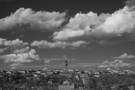 Infrared view of Prague skyline with Zizkov Television Transmitter Tower, Czech Republicのeditorial素材