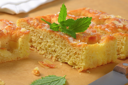 Slices of sponge cake topped with almond flakesの写真素材