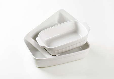 Three rectangular white porcelain baking dishesの写真素材