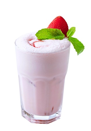 Strawberry milkshake in a tall glassの写真素材