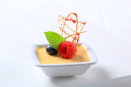 Small dish of vanilla custard topped with fruitの写真素材