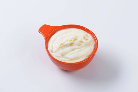 Bowl of fresh yoghurt with pieces of fruitの写真素材