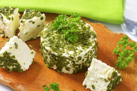 fresh cheese coated in chives and garlicの写真素材