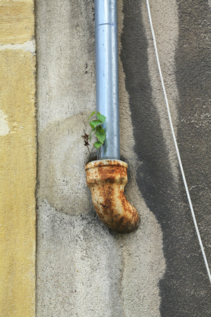 rusty drain pipe on a wet wall