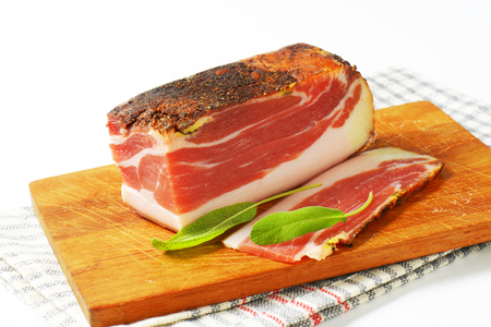 Dry-cured, lightly smoked Italian ham from South Tyrolの写真素材