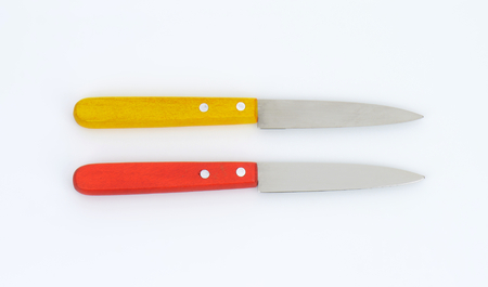 two kitchen knives with colored wooden handles