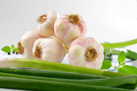 close up of fresh garlic bulbs and leaves