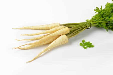 bunch of fresh parsley roots on white backgroundの写真素材