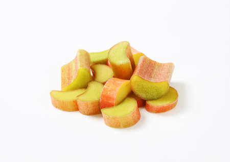 fresh rhubarb stalks cut into small piecesの写真素材