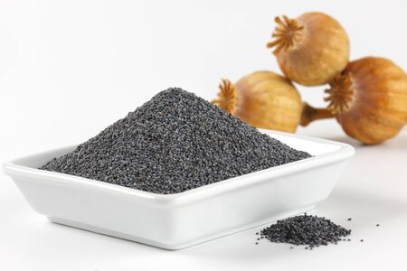 bowl of whole poppy seeds and three dried seed headsの写真素材