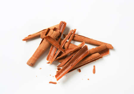 heap of chocolate shavings on white backgroundの写真素材