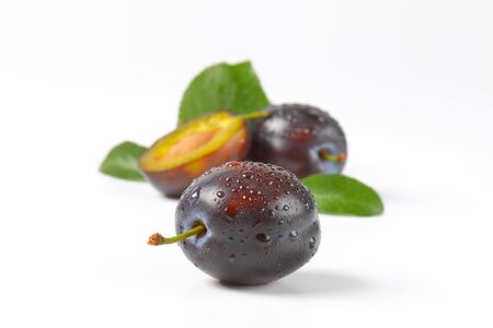 wet fresh plums with leavesの写真素材