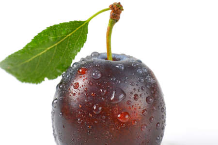 detail of washed plum with leafの写真素材