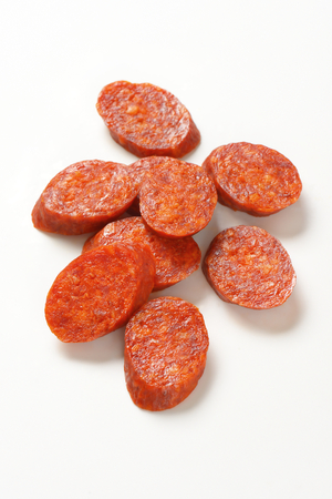 Slices of Hungarian Csabai Sausageの写真素材