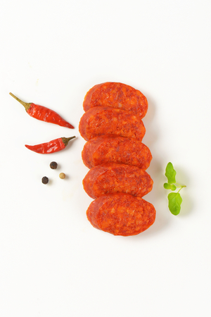 Slices of Hungarian Csabai Sausageの写真素材