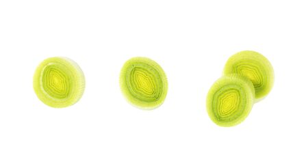 chopped fresh leek on white backgroundの写真素材