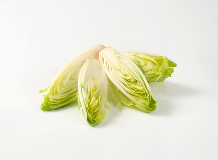 fresh Belgian endive halves on white backgroundの写真素材