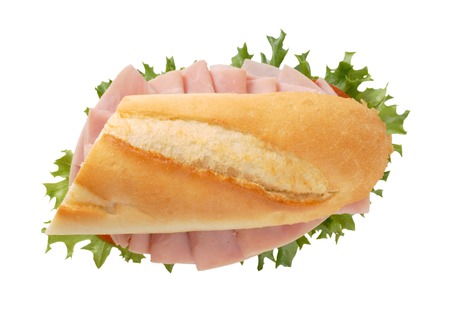 French bread sandwich with ham on white backgroundの写真素材