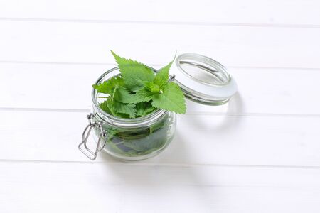 jar of fresh nettle leaves on white wooden backgroundの写真素材