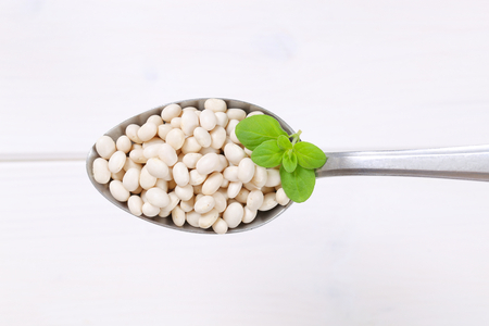 spoon of raw white beans on white wooden backgroundの写真素材