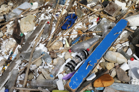 Garbage that has washed up on the sea shoreの写真素材