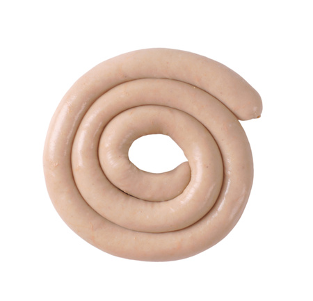 raw white wine pork sausage on white backgroundの写真素材