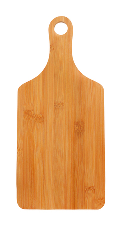 wooden cutting board with handle on white backgroundの写真素材