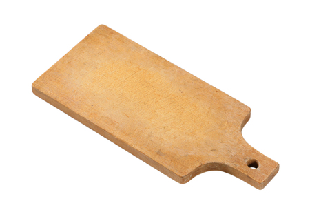 wooden cutting board with handle on white backgroundの写真素材