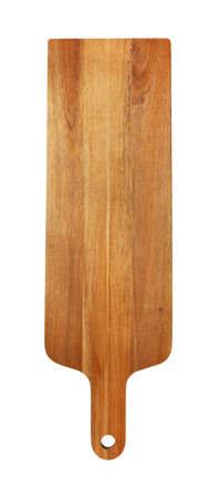 narrow wooden cutting board with handle on white backgroundの写真素材