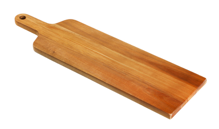 narrow wooden cutting board with handle on white backgroundの写真素材