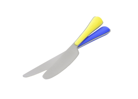 Two table knives, one with blue handle, the other one with yellow handleの写真素材