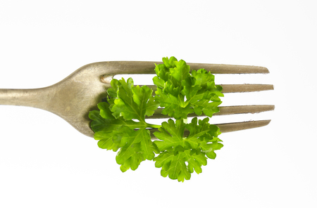 Fresh parsley leaves on forkの写真素材