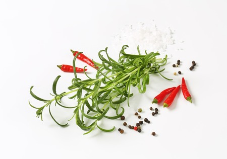 Rosemary, peppercorns and red chili peppers - studio shotの写真素材