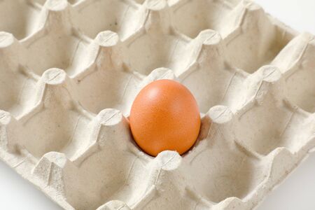 One brown egg left in a twenty dimpled egg trayの写真素材