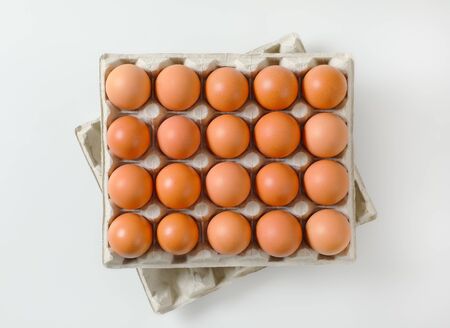 Twenty fresh brown eggs in a paper egg trayの写真素材