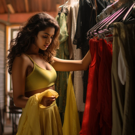 Beautiful young woman choosing clothes in wardrobe. Fashion and shopping concept.の素材