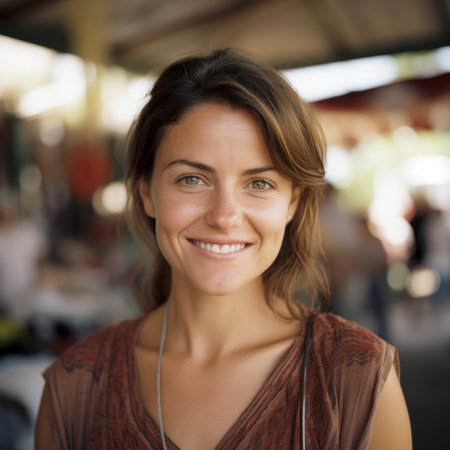 Portrait of smiling woman at food market, shallow depth of fieldの素材