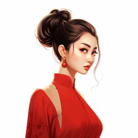 Portrait of beautiful young asian woman in red dress on white backgroundの素材