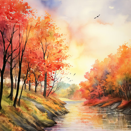 Autumn landscape with river and colorful trees. Watercolor painting.の素材