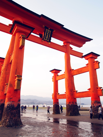 Torii of Miyajima at low tide, Japanの写真素材