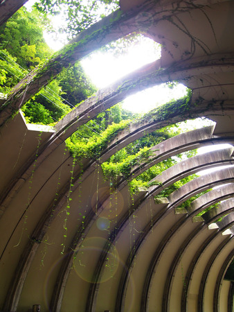 Tunnel with rays of light at Kamakura, Japanの写真素材