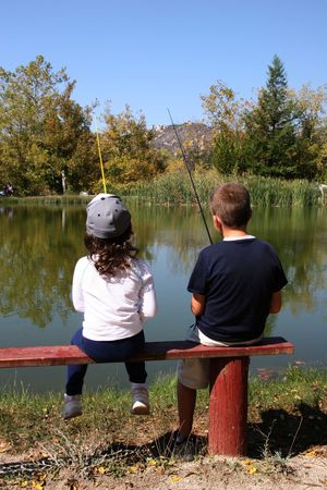 Two children fishingの写真素材