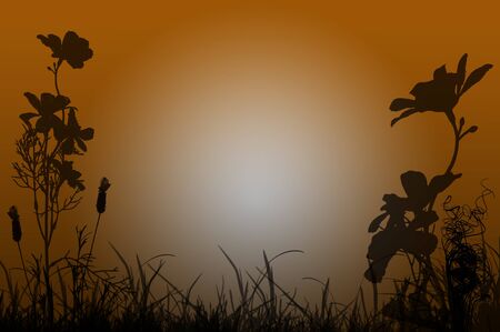 Silhouette of Various Floral Images Against an Orange Background With Copyspaceの写真素材