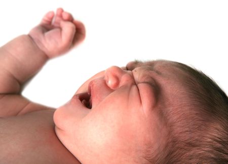 Infant Baby Girl Crying on White Backgroundの写真素材
