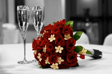 Monochrome Rode Bridal Boquet Hand Painted Red: High ISO Shot Indoorsの写真素材