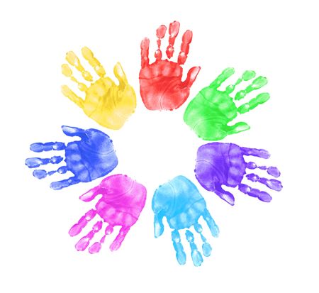 Daycare Preschool Handprints of Children In Multiple Colorsの写真素材