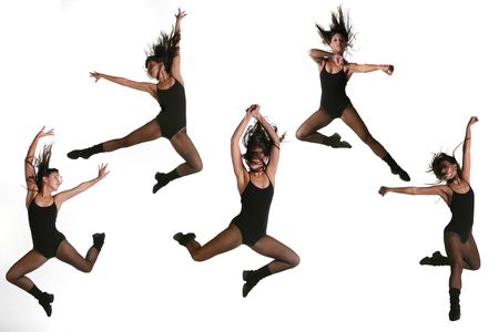 Multiple Jump Poses of a Modern Dancer in Fishnets and a Leotard