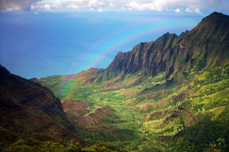 Aerial View of Kauai Coastline in Hawaii With Rainbowの写真素材